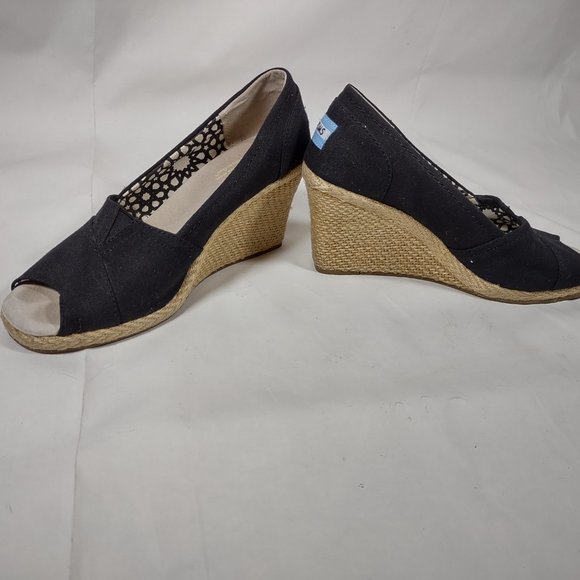 Toms Black Espadrille Wedge Heels Shoes Women's Size 8 Slip On Peep Toe - Picture 6 of 8